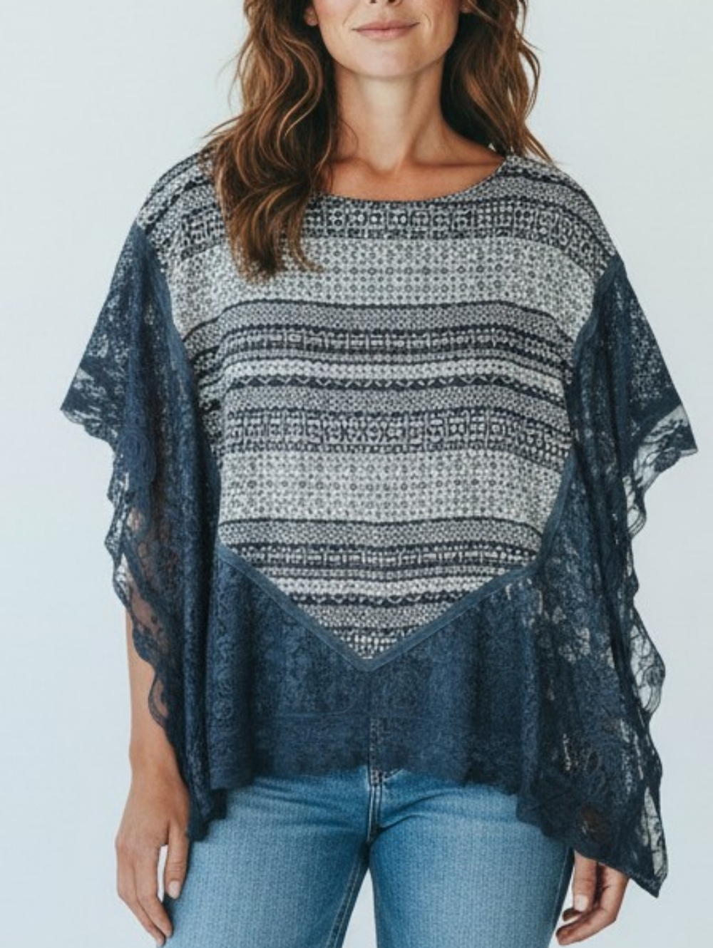 En Creme Poncho Top Women Small Blue White Lace Boho Casual